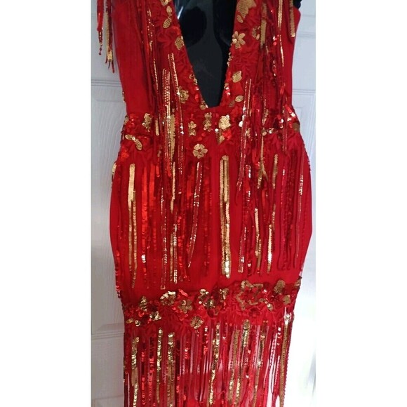 Banjul Sequin Mesh Maxi Dress Gown Size Small Red Gold Party Cocktail Sparkly - Picture 5 of 11